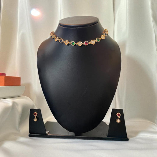 Multicolour Kundan Choker Necklace Set with Earrings