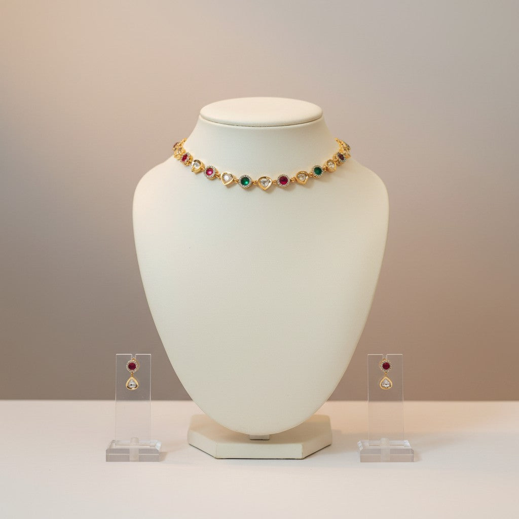 Multicolour Kundan Choker Necklace Set with Pear-Drop Earrings