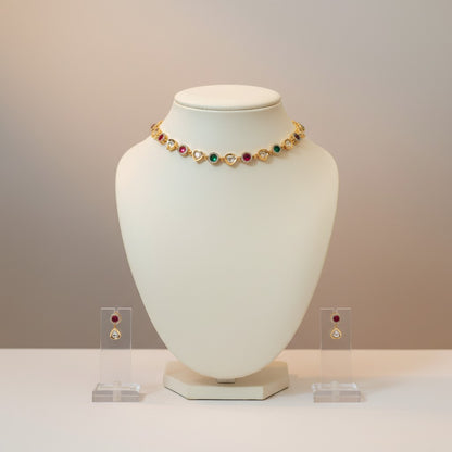 Multicolour Kundan Choker Necklace Set with Pear-Drop Earrings