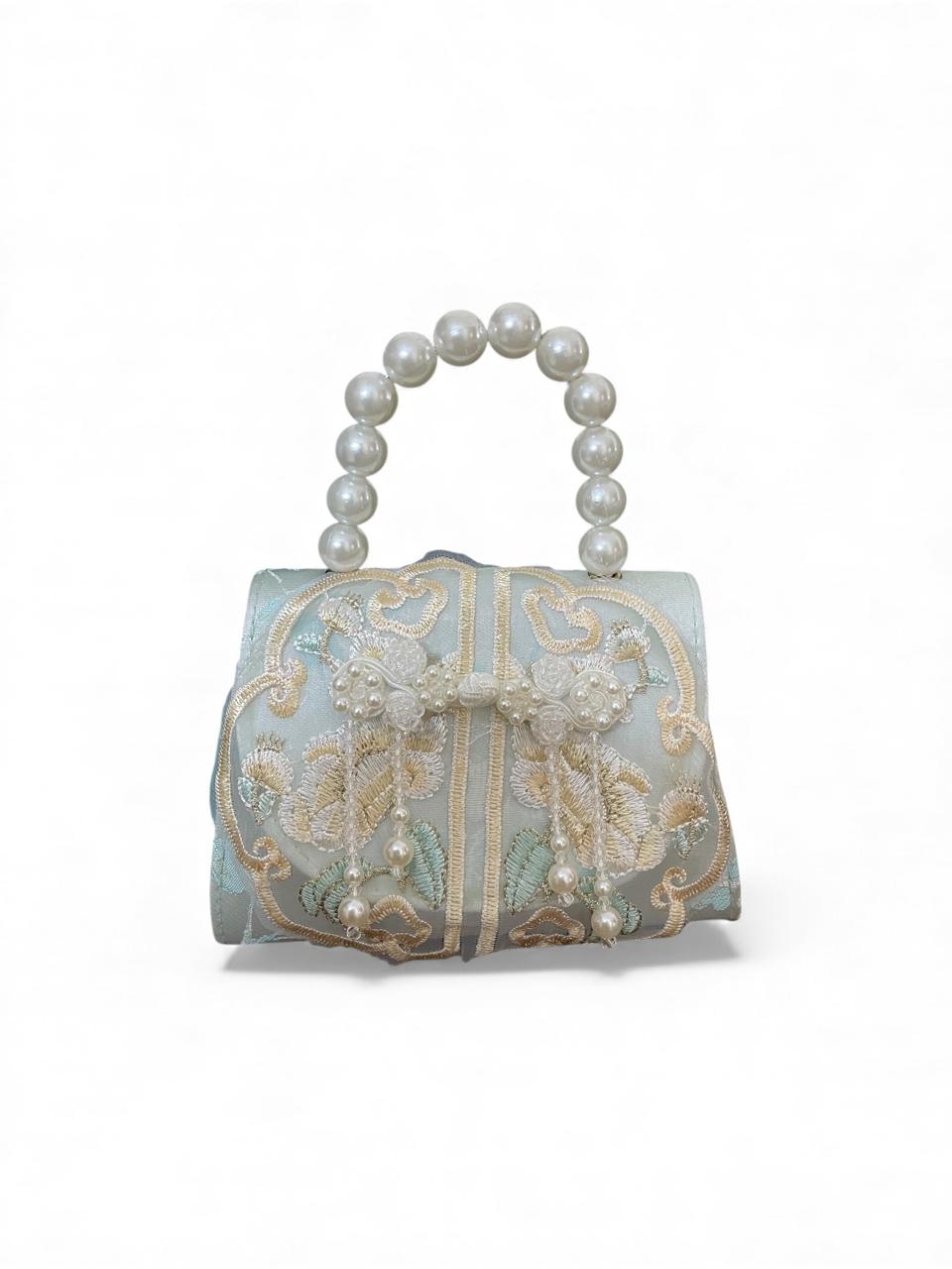Pearl Handle Mint Embroidered Party Handbag for Girls