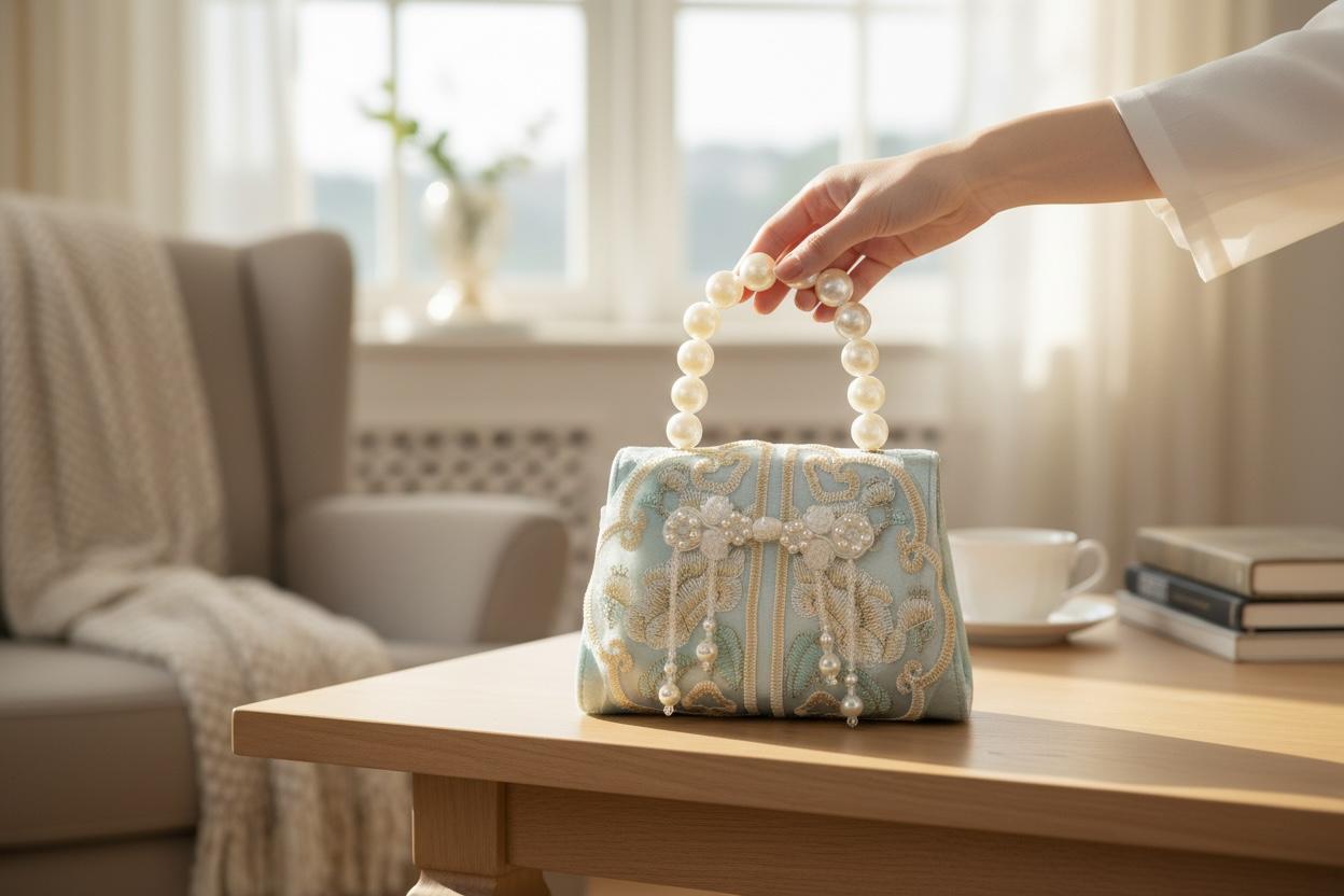 Pearl Handle Mint Embroidered Party Handbag for Girls