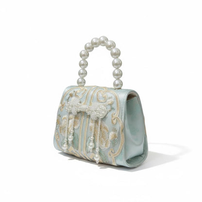 Pearl Handle Mint Embroidered Party Handbag for Girls