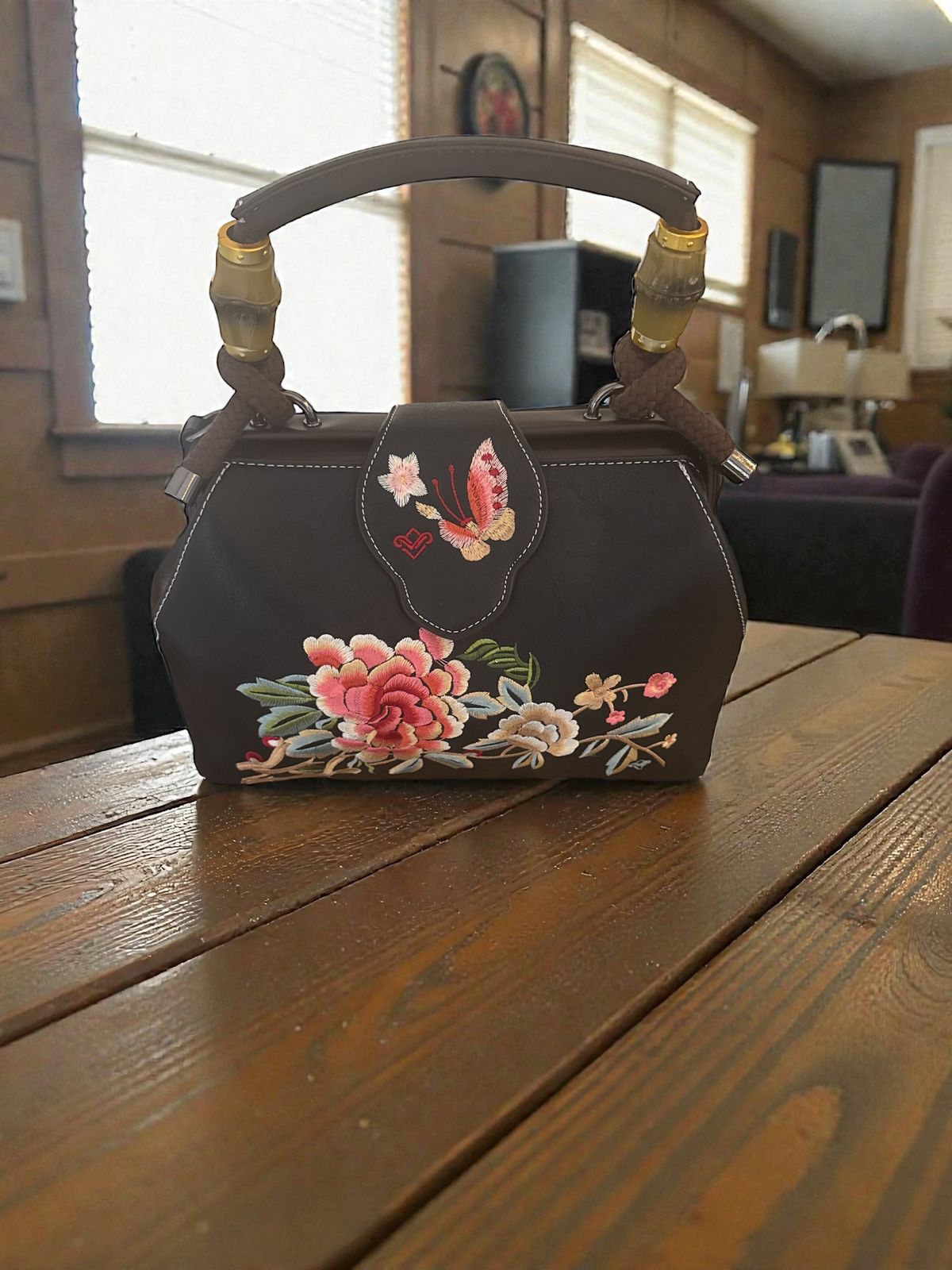 Embroidered Floral Bamboo Handle Mini Handbag