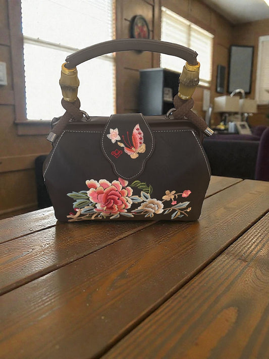 Embroidered Floral Bamboo Handle Mini Handbag