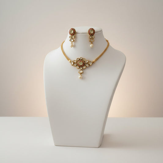 Elegant Red Stone Floral Choker Necklace Set with Pearl Drops