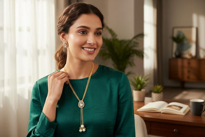 Gold-Tone Lariat Pendant Necklace & Earrings Set with Pearl Drops