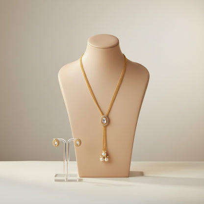 Gold-Tone Lariat Pendant Necklace & Earrings Set with Pearl Drops