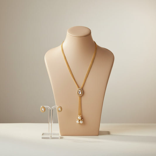Gold-Tone Lariat Pendant Necklace & Earrings Set with Pearl Drops