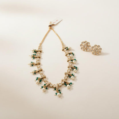Green Stone & Pearl Kundan Necklace Set with Stud Earrings