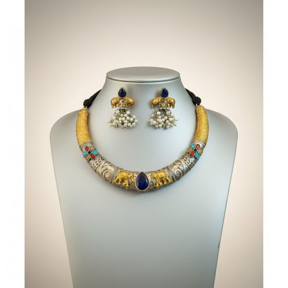 Dual-Tone Oxidised Silver Hasli Set with Elephant Motif & Pearl Drops
