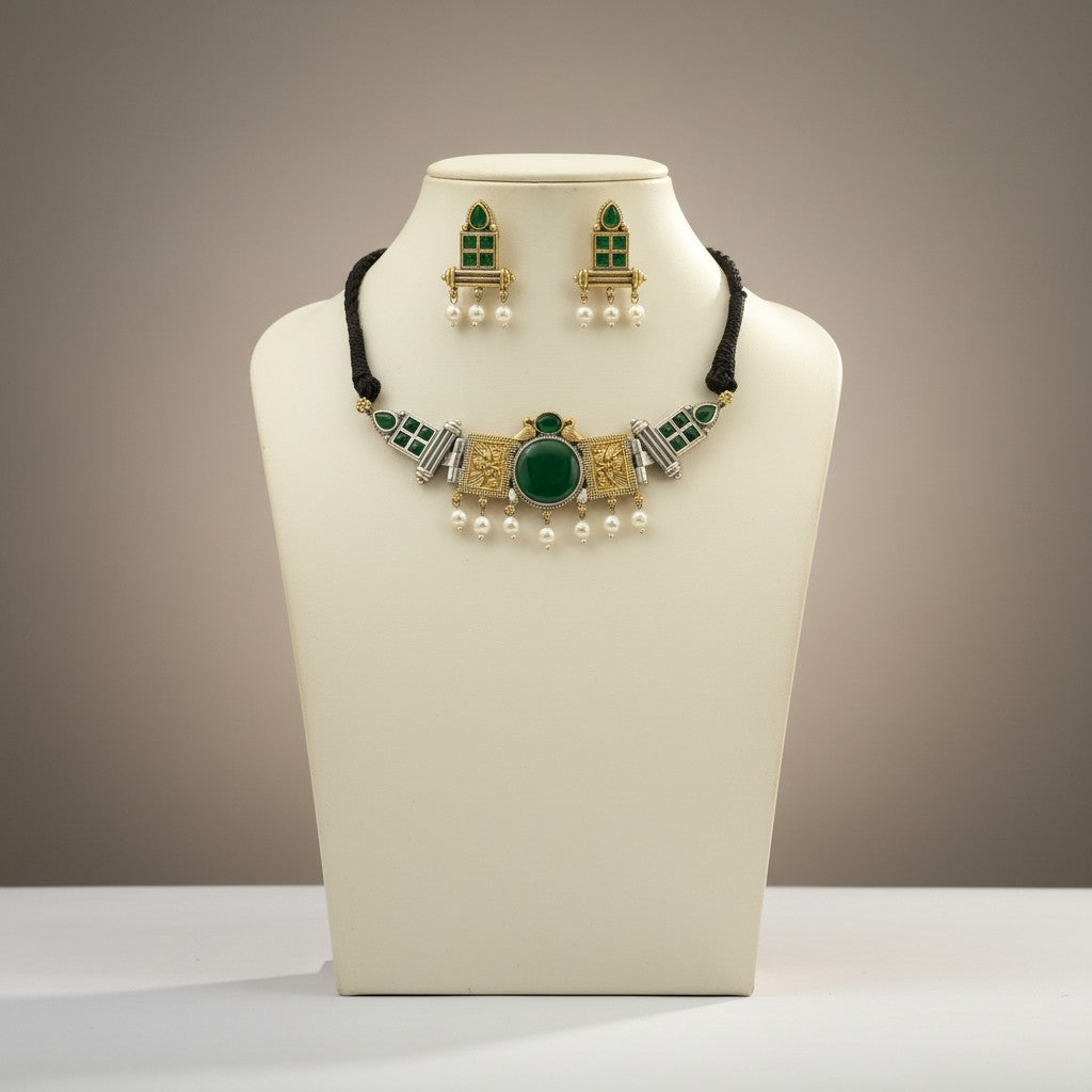 Dual-Tone Green Stone Choker Set with Pearl Drops on Black Dori