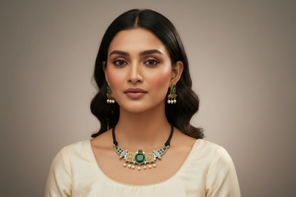 Dual-Tone Green Stone Choker Set with Pearl Drops on Black Dori