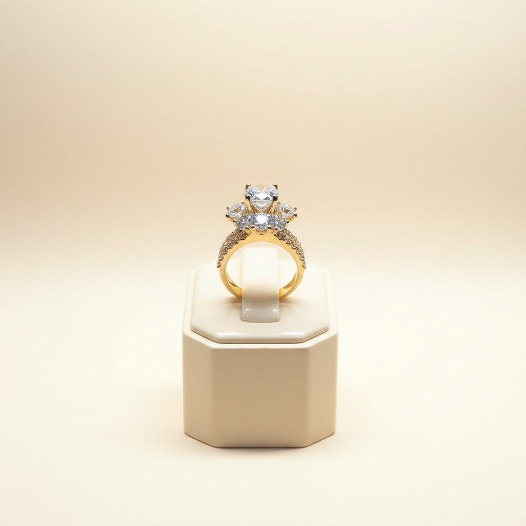 Gold-Tone Solitaire Ring with Diamond-Look Crystals & Side Stones