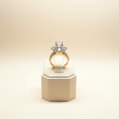 Gold-Tone Solitaire Ring with Diamond-Look Crystals & Side Stones