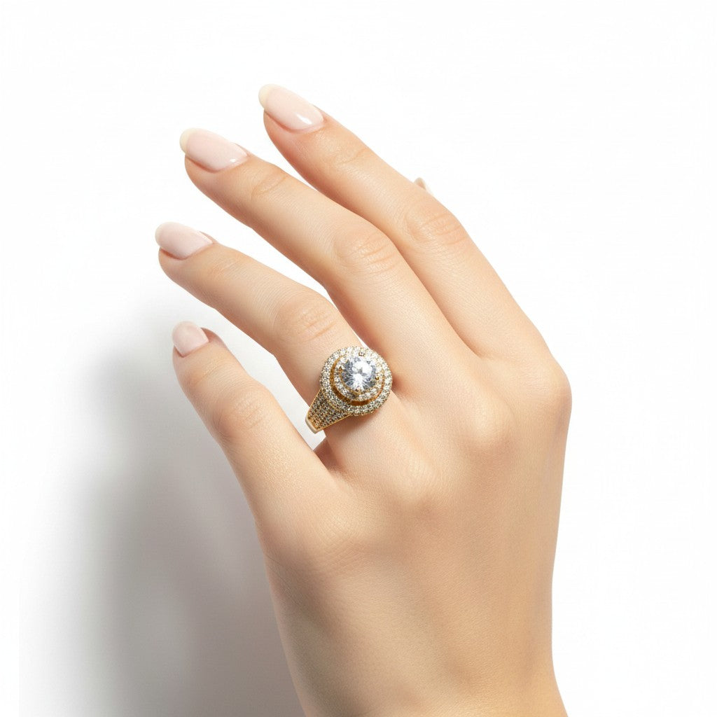 Gold-Tone Double-Halo Cocktail Ring with Pavé CZ Dome