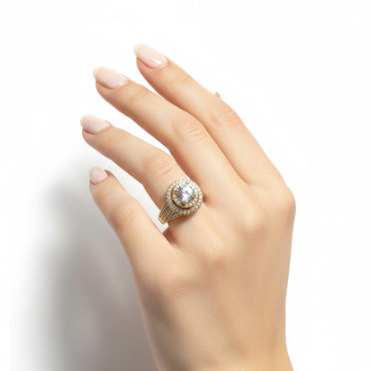 Gold-Tone Double-Halo Cocktail Ring with Pavé CZ Dome