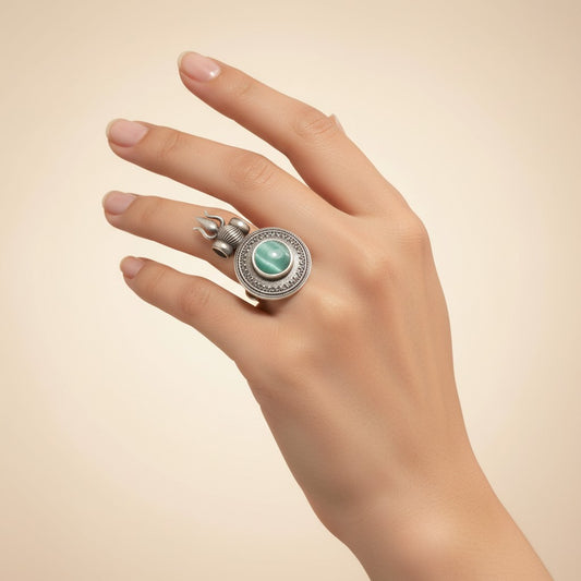 Esmé Oxidised Statement Ring with Jade-Green Cabochon & Filigree Halo