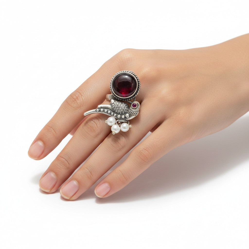 Rubina Oxidised Bird Ring with Garnet-Red Cabochon & Pearl Cluster