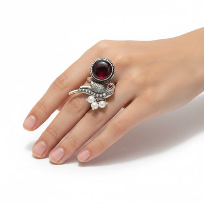 Rubina Oxidised Bird Ring with Garnet-Red Cabochon & Pearl Cluster