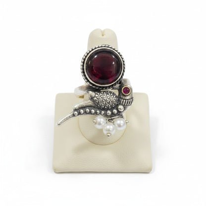 Rubina Oxidised Bird Ring with Garnet-Red Cabochon & Pearl Cluster