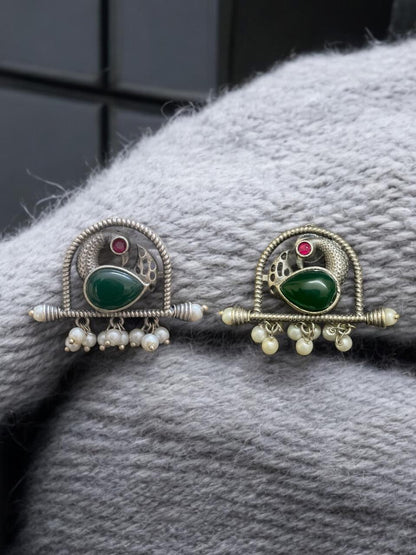Mayura Green Stone Oxidised Earrings