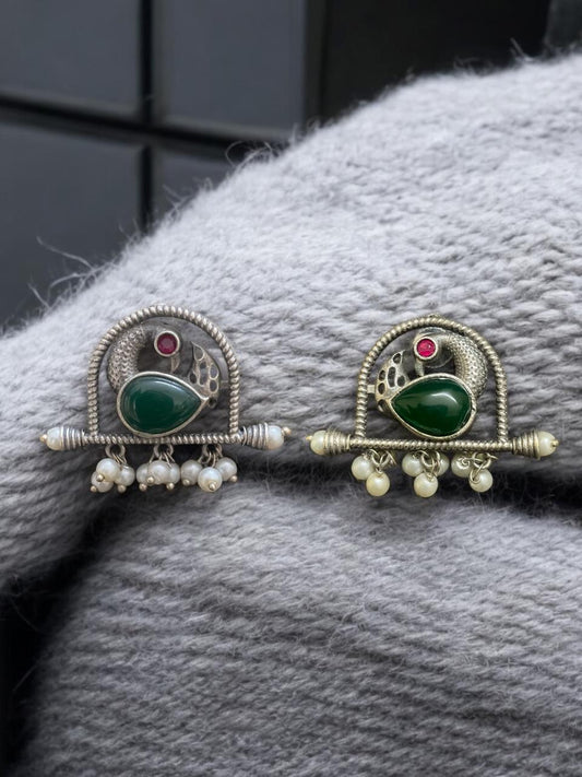 Mayura Green Stone Oxidised Earrings