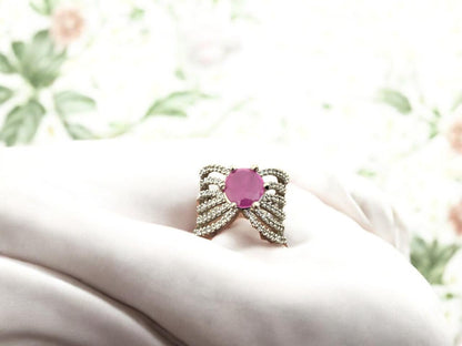 Silver Bloom Ring with Pink Stone Center