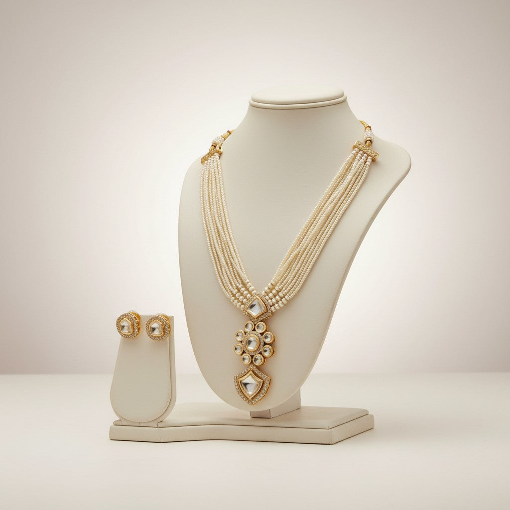 Elegant Multi-Layer Pearl Kundan Necklace Set with Earrings