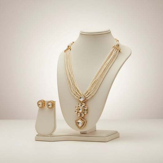 Elegant Multi-Layer Pearl Kundan Necklace Set with Earrings
