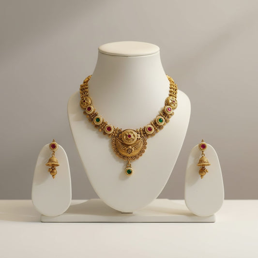 Antique Lakshmi Coin Necklace Set with Temple Jhumka Earrings