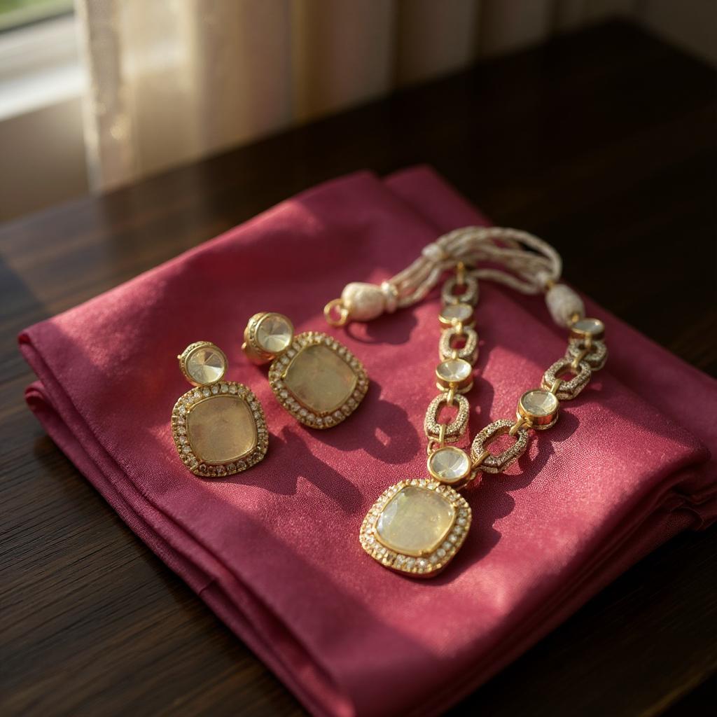 Dual-Tone Coin Motif Necklace Set with Clear Stone Links