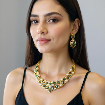 Regal Floral Pearl & Emerald Necklace Set