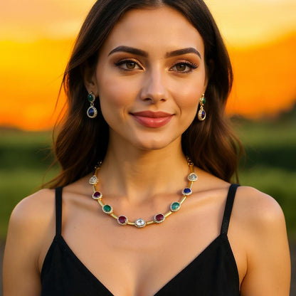 Elegant Multi-Stone Gold Finish Necklace Set