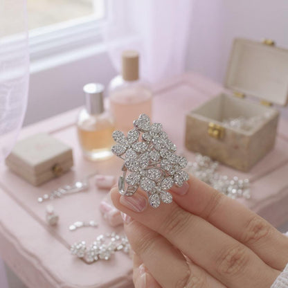 Silver-Tone Floral Cluster Ring with CZ Detailing