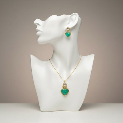 Emerald Stone Statement Pendant Set with Abstract-Cut Centre