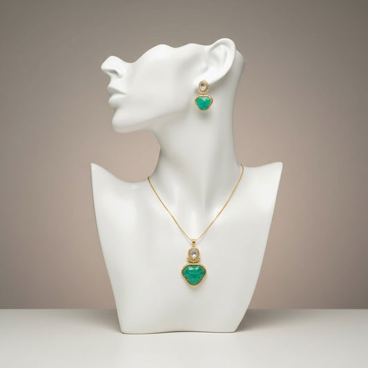 Emerald Stone Statement Pendant Set with Abstract-Cut Centre