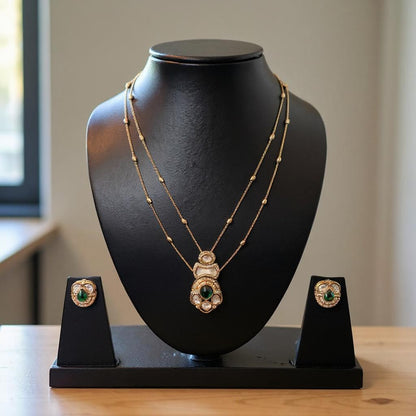 Emerald Green Dual Layer Pendant Set with Kundan Detailing