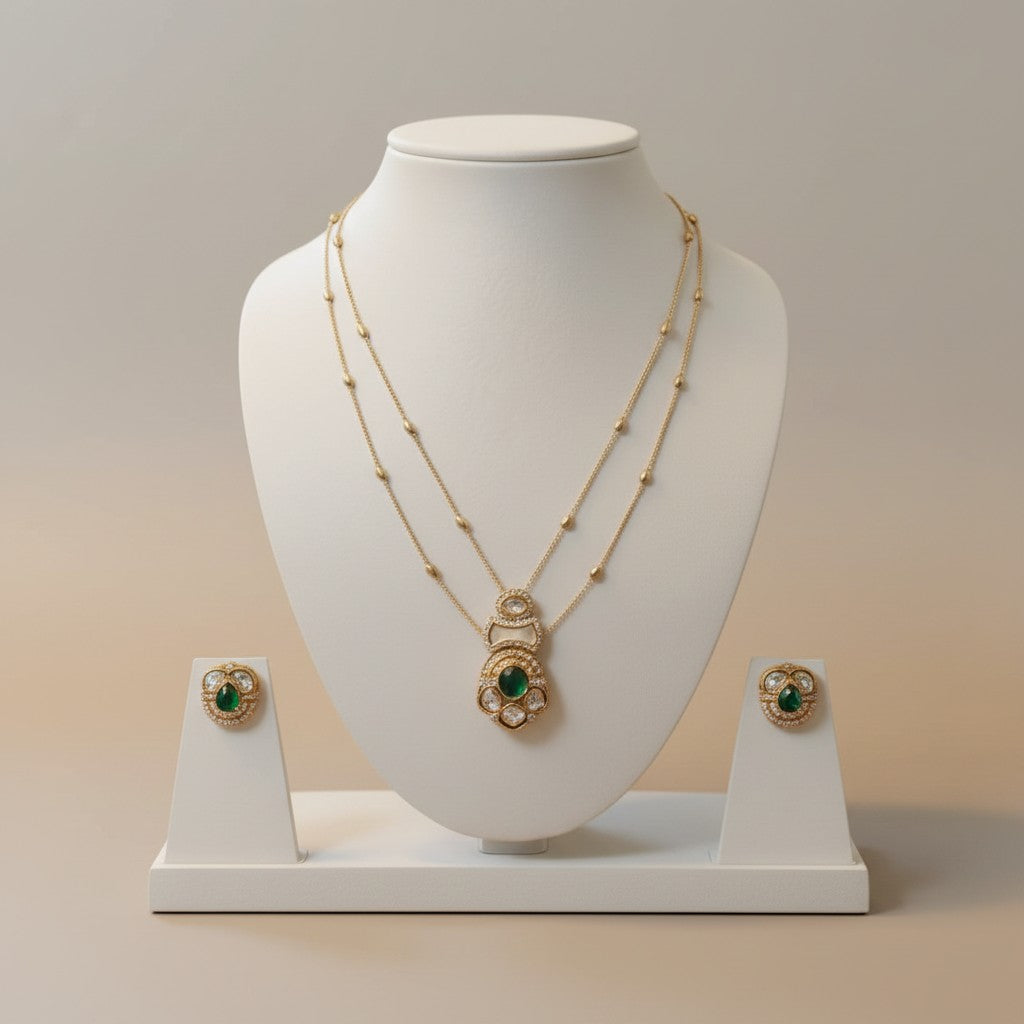 Emerald Green Dual-Layer Pendant Necklace Set with Kundan Detailing