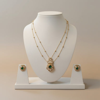 Emerald Green Dual-Layer Pendant Necklace Set with Kundan Detailing