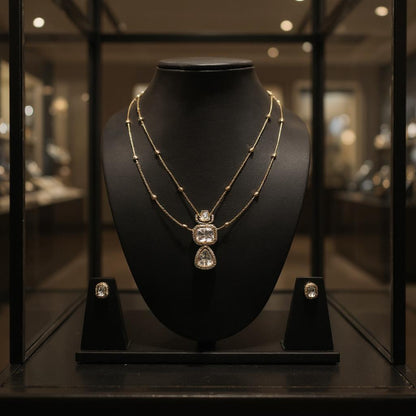Polki Triple Drop Pendant Set with Dual Layer Chain