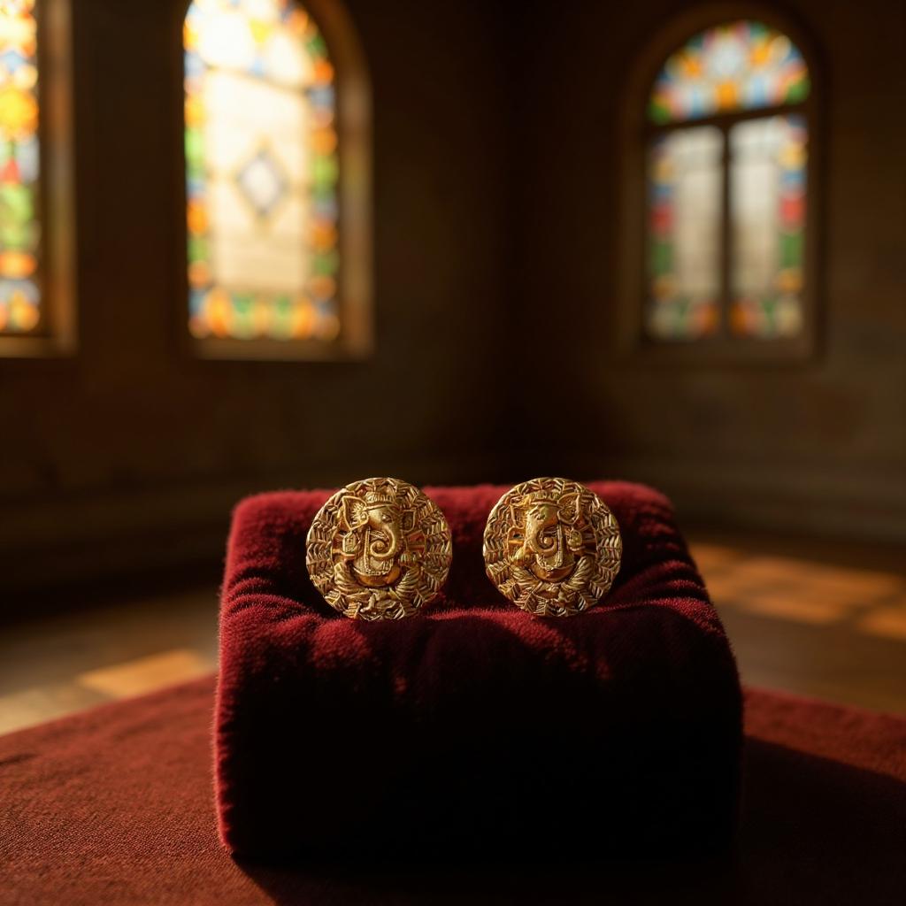 Antique Ganpati Round Stud Earrings in Matte Gold Finish
