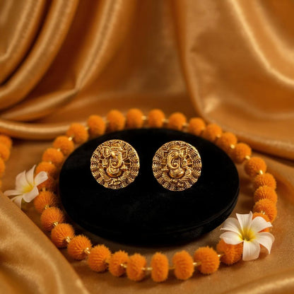 Antique Ganpati Round Stud Earrings in Matte Gold Finish