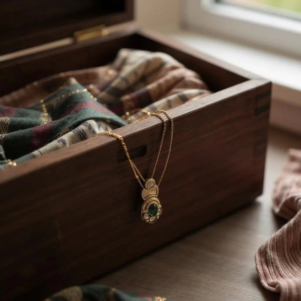 Emerald Green Dual Layer Pendant Set with Kundan Detailing