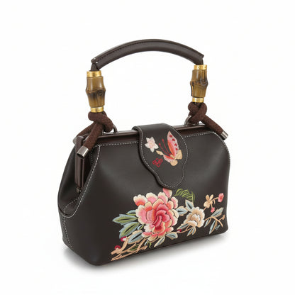 Embroidered Floral Bamboo Handle Mini Handbag