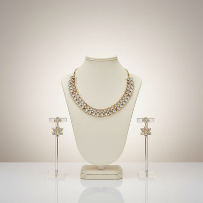 Polki-Style Floral Cluster Necklace & Earrings Set in Gold-Tone