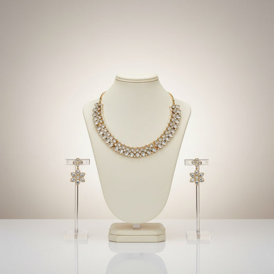 Polki-Style Floral Cluster Necklace & Earrings Set in Gold-Tone