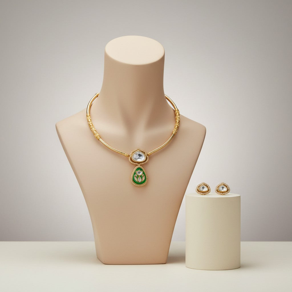 Noor-e-Gul Kundan Choker Necklace Set with Green Enamel Drop